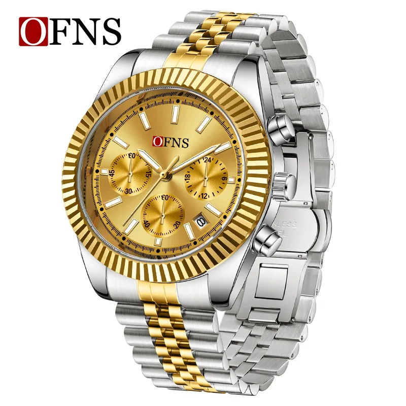 

OFNS1526 Men's Business Quartz Watch with Three Eyes and Six Needles Timer Calendar Waterproof Night Light Gentlemen's Watch