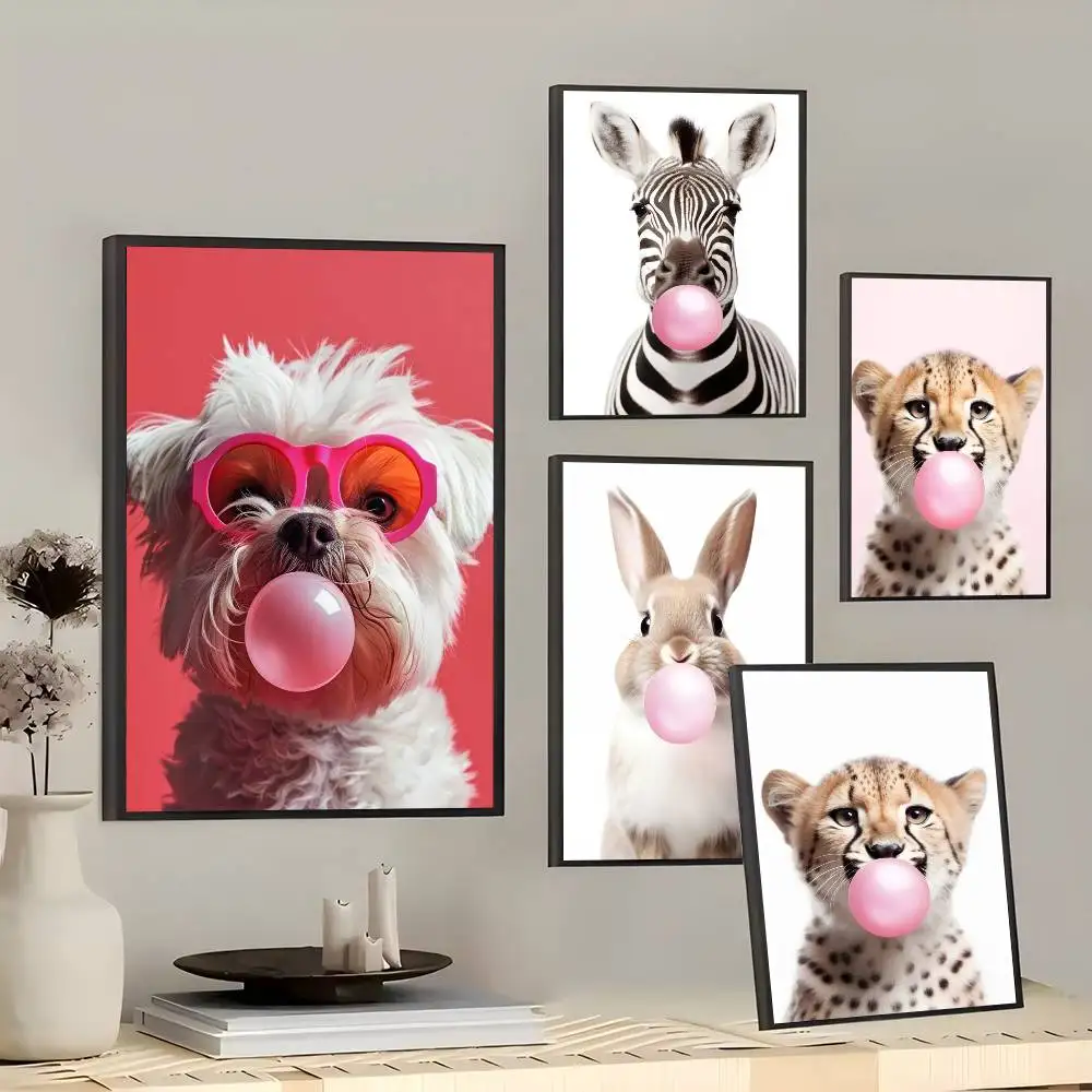 Animals Blowing Bubble Gum Posters Living Room Bar Cafe Quality Canvas Vintage Style Comics Painting Art Home Wall Decor Pictur
