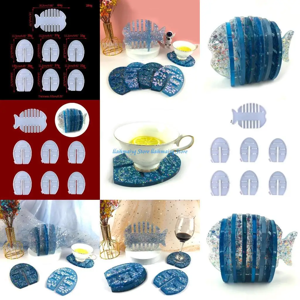 

573B Creative Small Fish with Holder Epoxy Resin Mold Cup Mat Mug Pad Silicone Mould DIY Crafts Jewelry Home Decorations