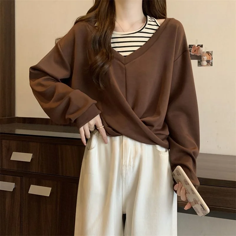 Felpa patchwork irregolare in due pezzi finta Felpa ampia da donna taglie forti Top dimagrante stile corto