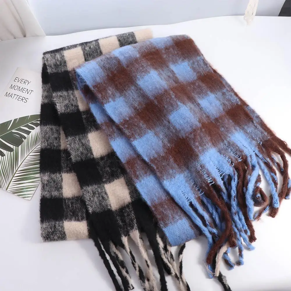 

Fashion Korean Men's Striped Plaid Scarf Fluffy Casual Winter Cashmere Scarf Tassels Soft Checkered Scarf Gifts
