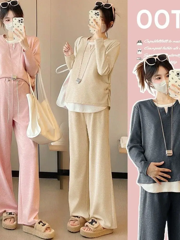 春秋マタニティ服-2026-新しいスタイルファッショナブルな妊婦さん向けカジュアルスウェットパンツツーピースセット韓国スタイル