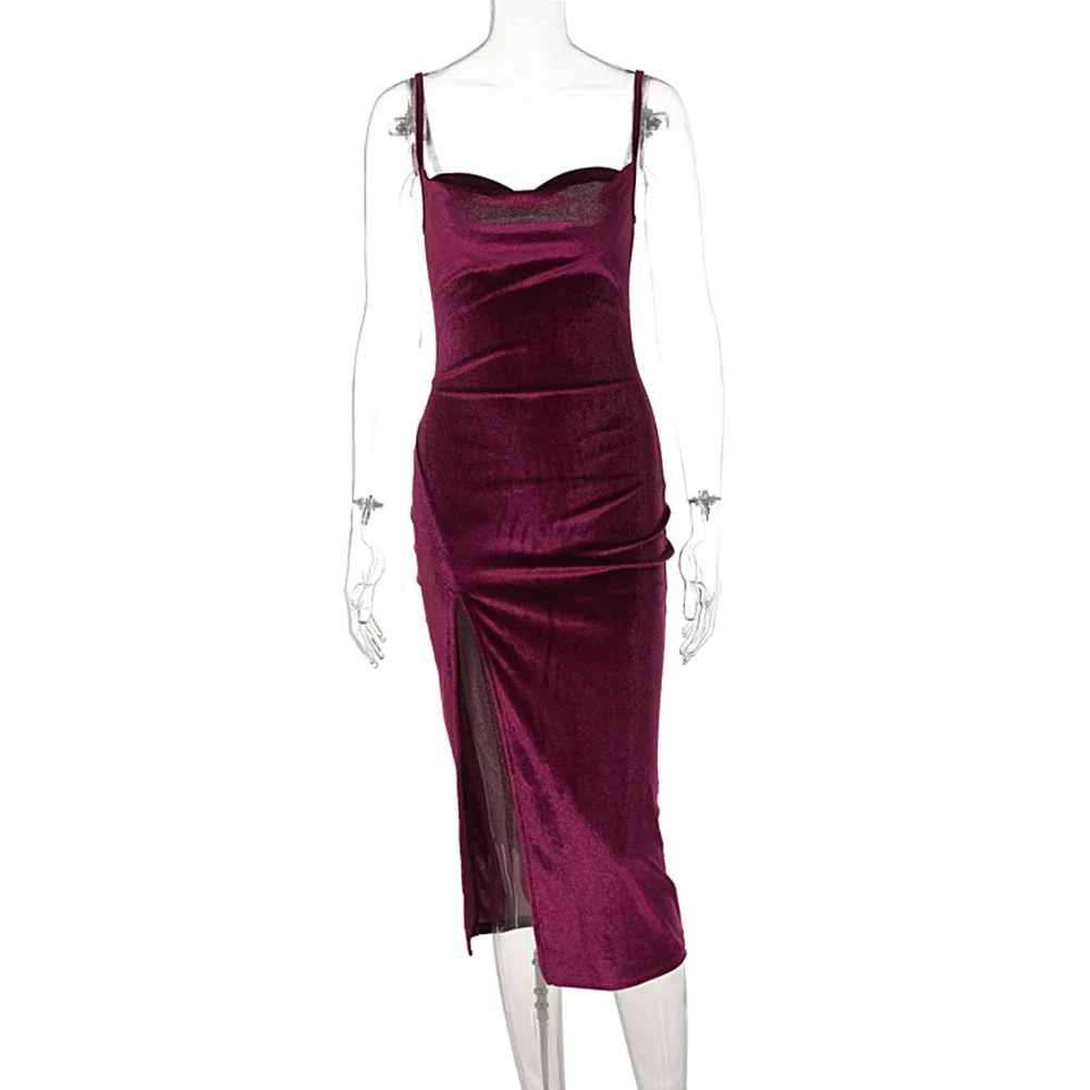 Modna sukienka Bez rękawów Lekko rozciągliwy Jednolity kolor Dekolt w kształcie litery V Maxi Regularny Seksowny Bodycon 1 szt. 95% poliester 5% elastan