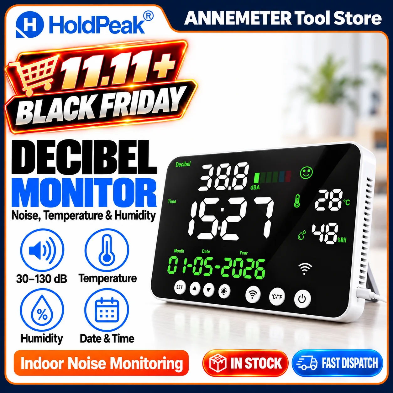 Digital Sound Level Meter 30-130dB, Noise Monitor Temp Humidity Time Calendar 11 Inch LED Screen 8-Level Dimming for Home