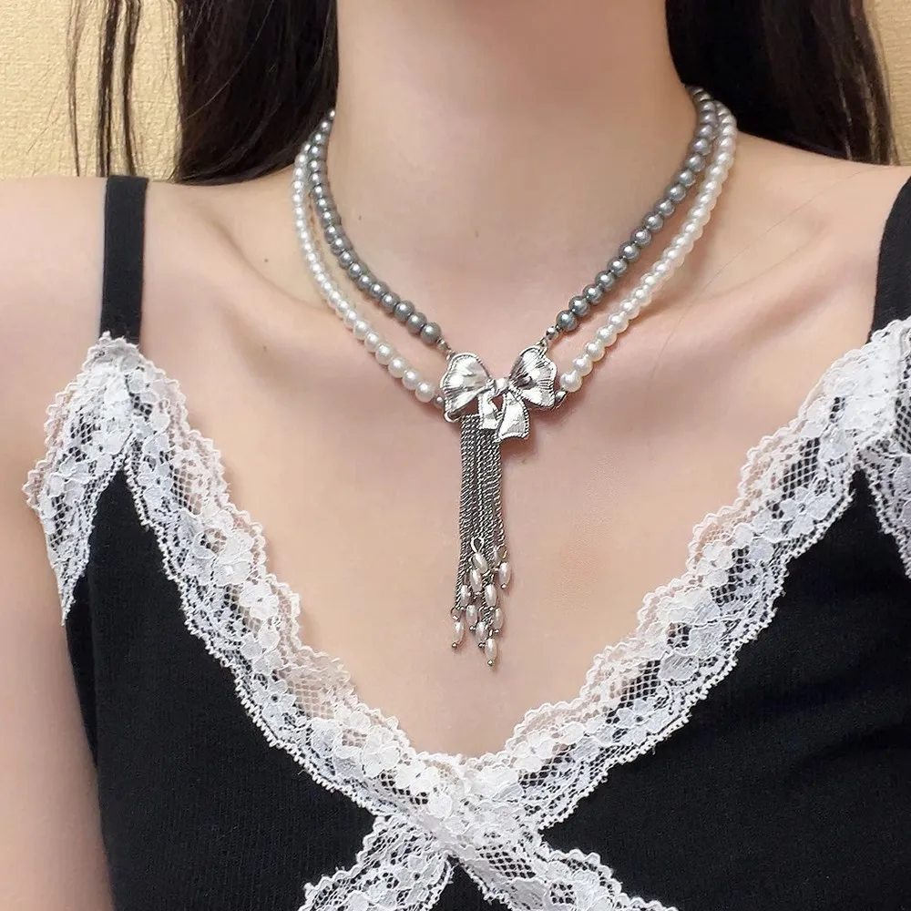 

Bow double layered pearl necklace with high-end tassel collarbone chain