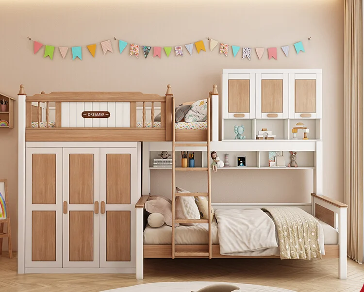 Children's upper and lower staggered beds go to bed, lower table, lower wardrobe combination bed, household full solid wood stag