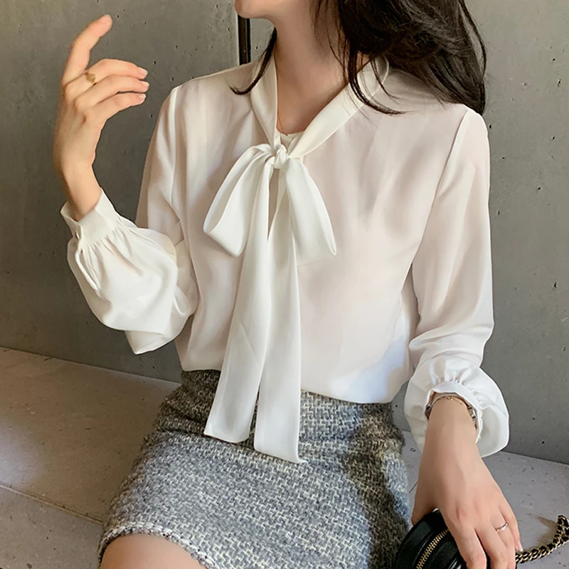 Elegant Bow Tie Collar Women Chiffon Shirt Autumn Long Sleeve Solid Simple Office Lady Blouse Casual Korean Blusas Mujer 8188