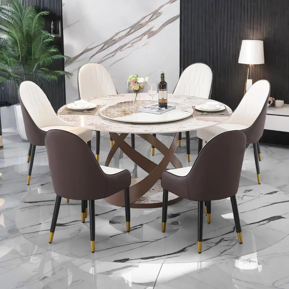 

7 Piece Dining Table Set, Modern Dining Table Set of 6, Round 59" D Faux Marble Dining Table with Lazy Susan, Sintered Stone