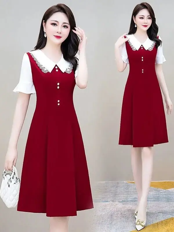 Elegant Mid-Length Summer Dress Fashionable plus Size Slimming A-Line Skirt Commute Style Short Sleeve Doll Collar Outdoor