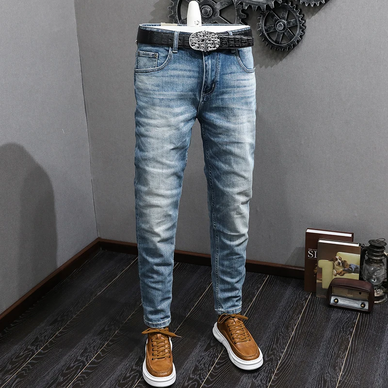 Italian Style Fashion Men Jeans High Quality Retro Blue Stretch Slim Fit Vintage Jeans Men Casual Designer Denim Pants Hombre