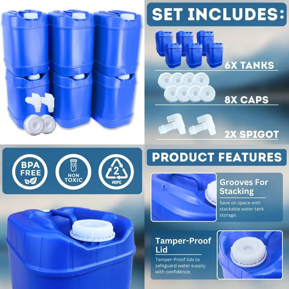 5 Gallon Stackable Water Containers with Lids and Spigot for Emergency Storage