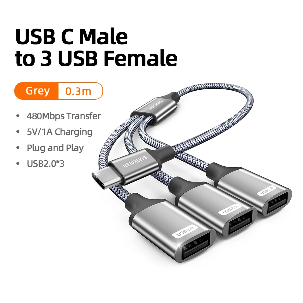 SUNKANDI USBC mannelijk naar dubbele USB A vrouwelijk 2.0-kabel, USB C mannelijk naar 3 USB 2.0 vrouwelijk verlengadapter voor tv, pc, laptop, MacBook