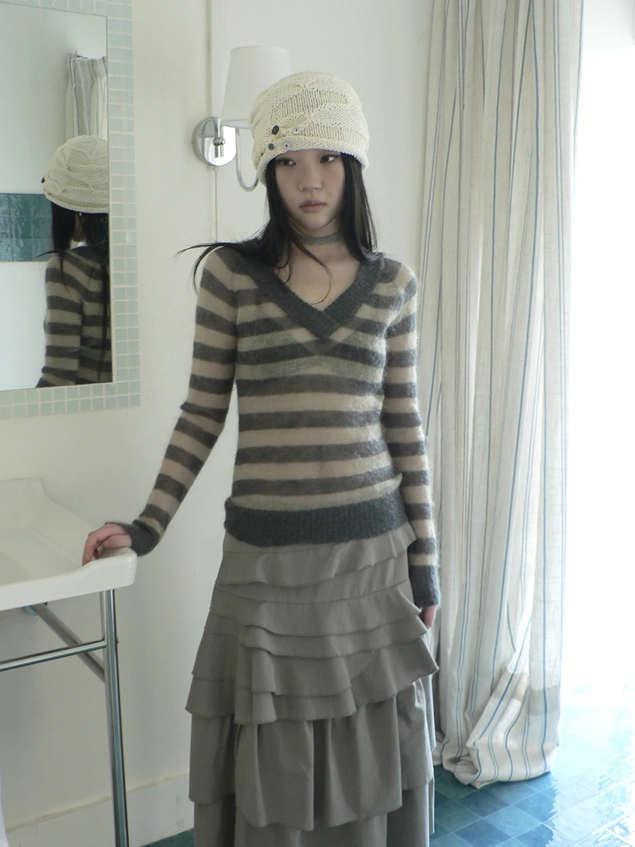 

Angproject 24 Spring New Lightweight Vintage Transparent Thin V-ne Color Blo Stripe Knitted Long Sve Women's Top