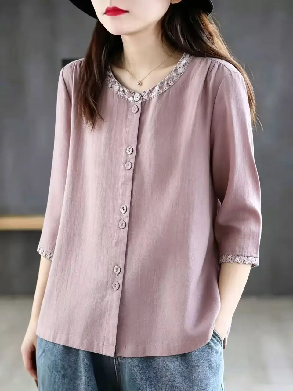

Retro Floral Cotton Linen Shirt round Neck Five Sleeve Versatile Top Women's Fashion Spring Summer Loose Fit Button up