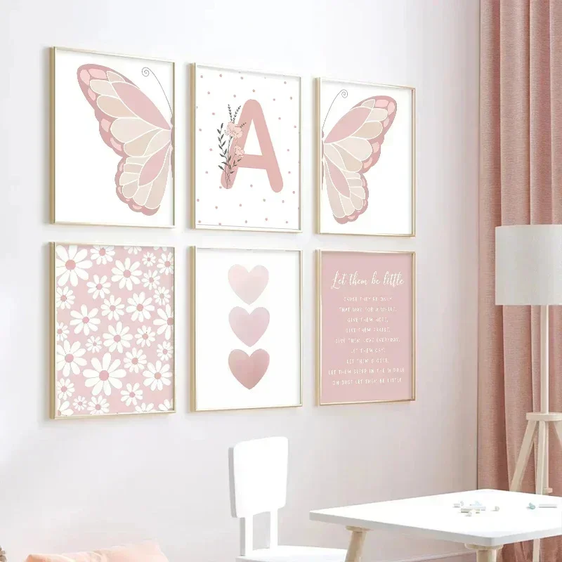 

Pink Butterfly Wall Art Poster Nursery Canvas Print Painting Sun Rainbow Daisy Heart Posters Decor Kids Room Decorative Gift