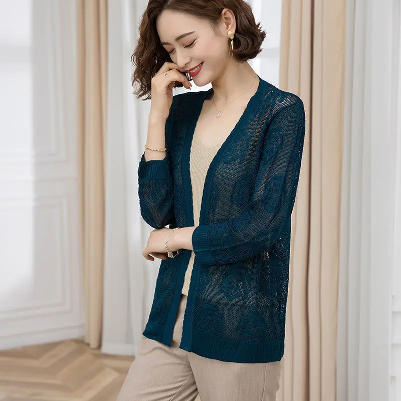 Summer Women Hollow Out Knit Cardigans Jackets Elegant Lightweight Casual Sunscreen Thin Outwear Basic Jacquard Knitwear Tops