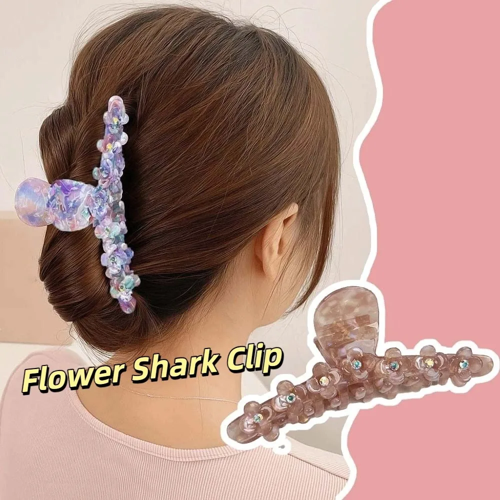 

Elegant Flower Hair Claw Gradient Color Rhinestone Straight Line Shaped Shark Clip Creative Headwear Acetic Acid Hair Claw Daily