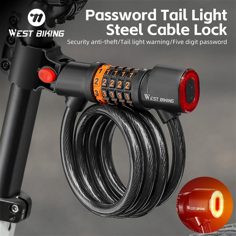 

WEST BIKING Bicycle Steel Cable Lock 5 Digit Password With Taillight Anti-Theft Safety Lock Motorcycle MTB Road Bike Accessories