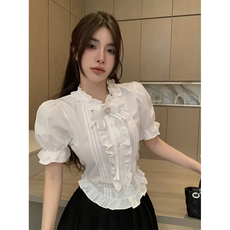 เสื้อเชิ้ตแขนสั้นผูกโบว์ ดีไซน์สำหรับผู้หญิง ชายเสื้อทรงฟองจ์ ทรงเข้ารูป