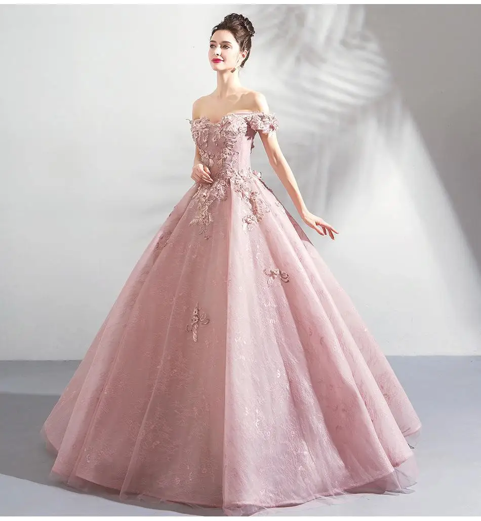 2023 Hồng Lệch Vai Quinceanera Đầm Bầu 15 Anos Ren Lông Tơ Trang Phục Dạ Hội Ngọt 18 Vestidos Thanh Lịch Hứa váy Bầu