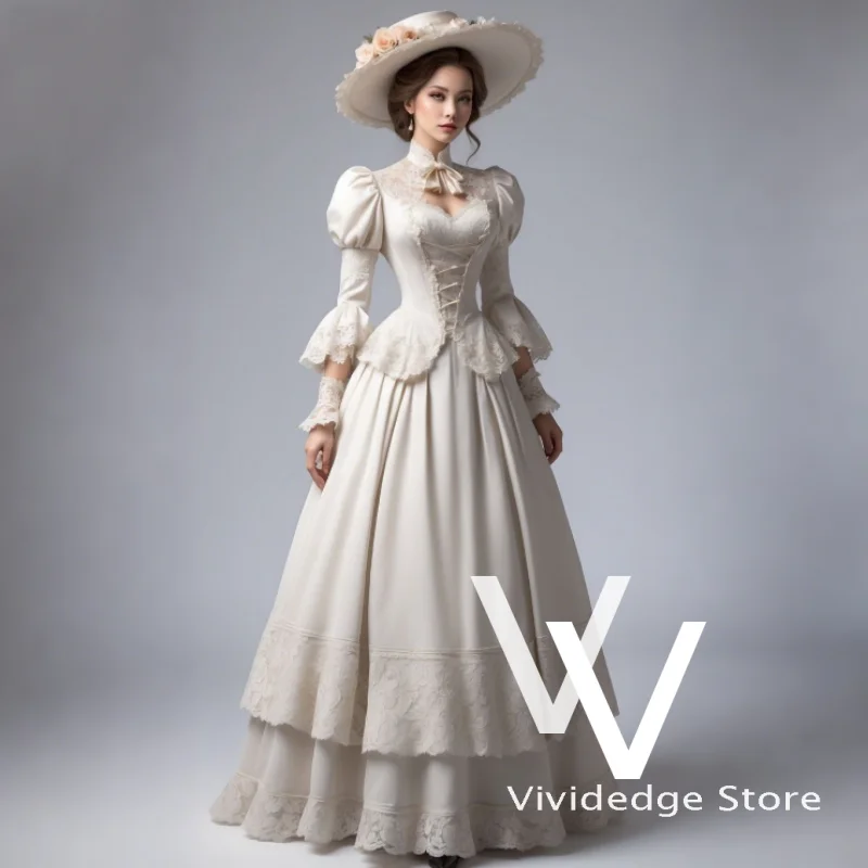 White Victorian Elegant Vintage Wedding Dresses High Neck Hollow Half Sleeve Medieval A-Line Lace Bridal Gowns Customized