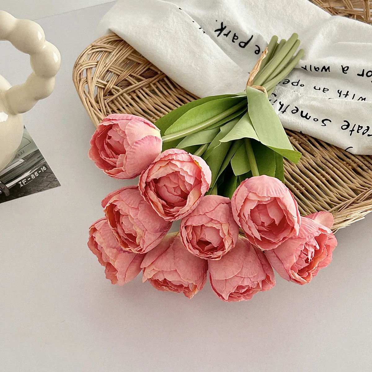 9 Heads Edge Fading Tulip Artificial Bouquet, Faux Tulips for Home Wedding Living Room Dining Table Decor Ornaments