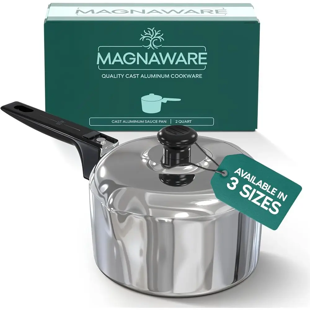 

Cast Sauce Pan with Lid 2 Quart - Multipose Lightweight Sauan with 2 Side Pour Spouts & Stay-Cool Handle - Small Cooking Pot or