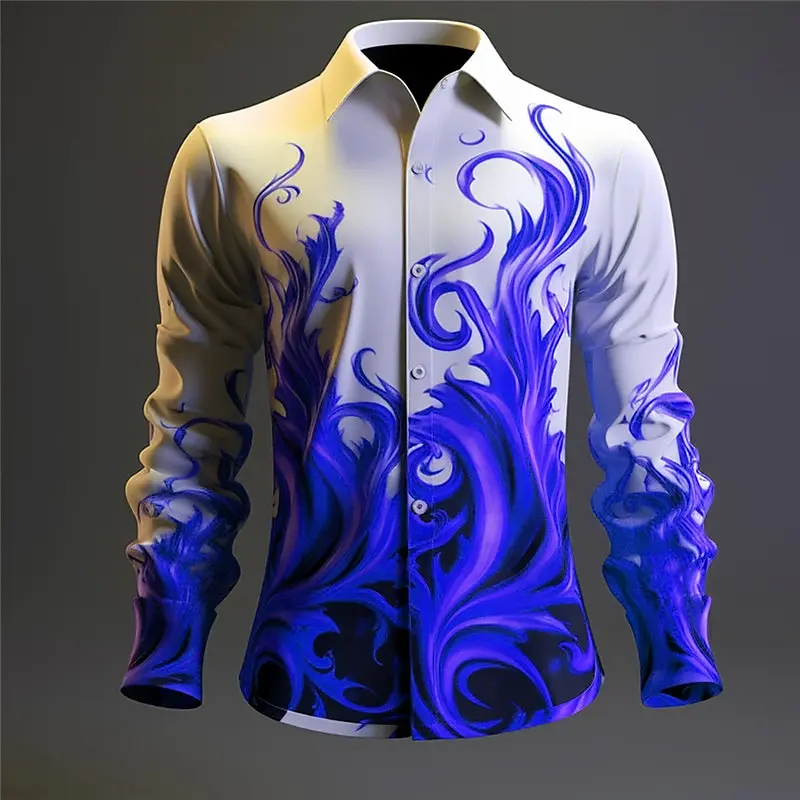 Fashion Flame Print Men\'s Shirts Casual Single-Breasted Blouses Long Sleeve Shirt Streetwear Lapel Tops Trend Tops Men Clothing