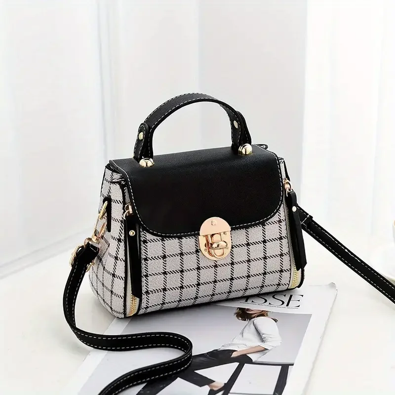 Plaid Pattern Handbag, Women's Buckle Decor Flap Purse, Fashion PU Leather Crossbody Bag