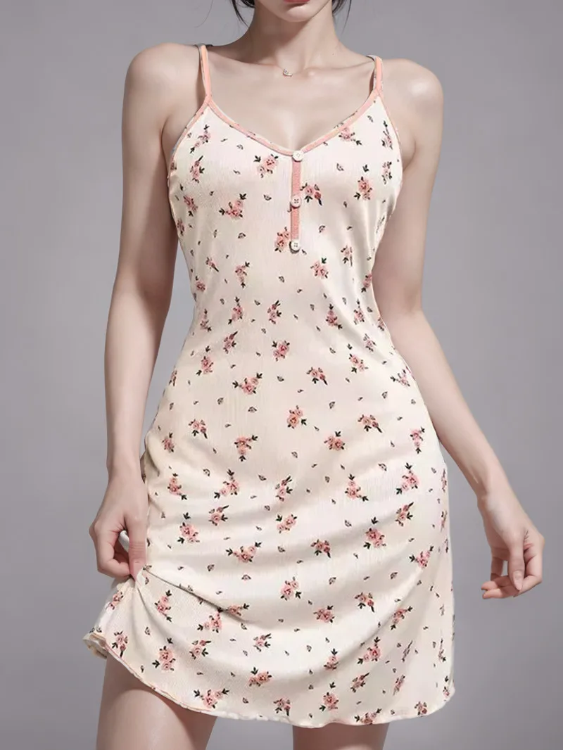

2024 Summer Sweet New Pajama Strap Printed Sexy Medium Long Women's Sleeping Comfortable Home Clothes Dress Elegant Sweet NC7M