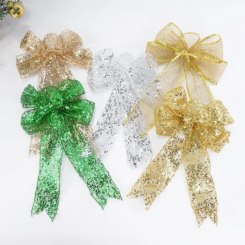 Christmas Sequin Bownots Polyester Fiber Christmas Tree Top Pendants Large Bownot Gold Green Silver Bownot Xmas Home Party Decor