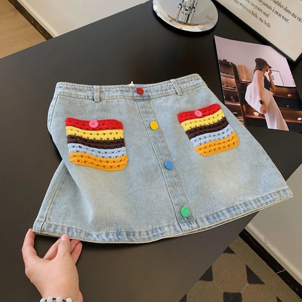 

Rainbow Knitted Pocket Denim Skirt Women's 2025 Summer Autumn A-Line Colorful Button Design Sweet Soft Versatile Mini Skirt