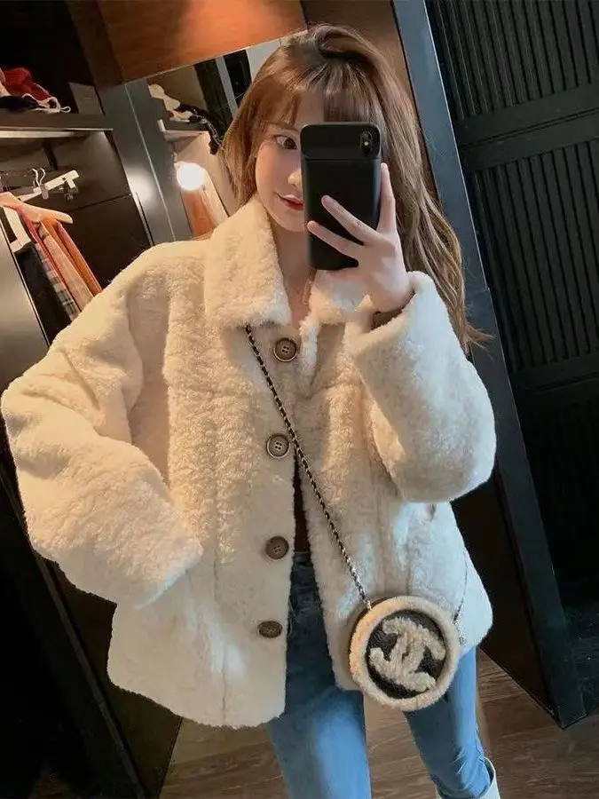 American Style Loose Fit Short Thickened Lamb Fur Vest Women's Autumn Winter Casual Long Sleeve Cotton Jacket with Pocket