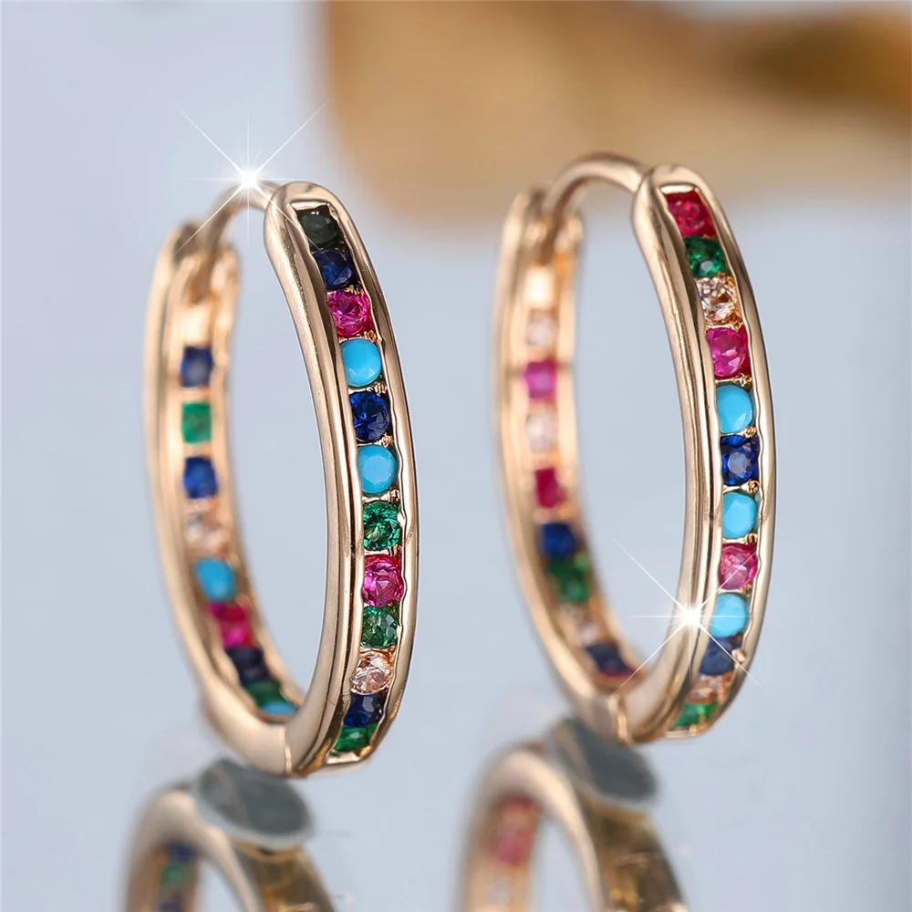 Exquisite Rainbow Stone Golden Hoop Earrings Boho Jewelry Charm Cubic Zironia Piercing Small Circle Earrings Huggies for Women