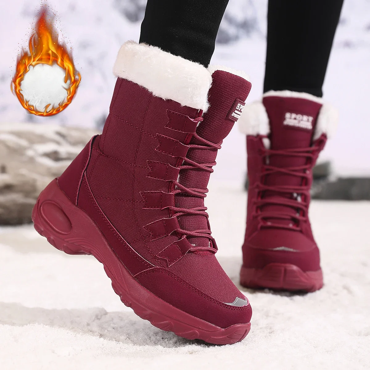 

2024 Winter Women Boots Warm Snow Boots Lace-up Comfortable Ankle Outdoor Non-slip On foot shoes