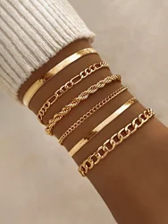 6pcs Punk Style Simple Cold Tone Chain Fashion Bracelet Set Suitable For Women's Daily Wear