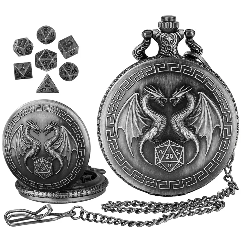 Antique Style Engraved Double Dragon Pattern Pocket Watch Case with Pendant Chain 7Pcs/set Mini Metal Polyhedral Rpg Dices