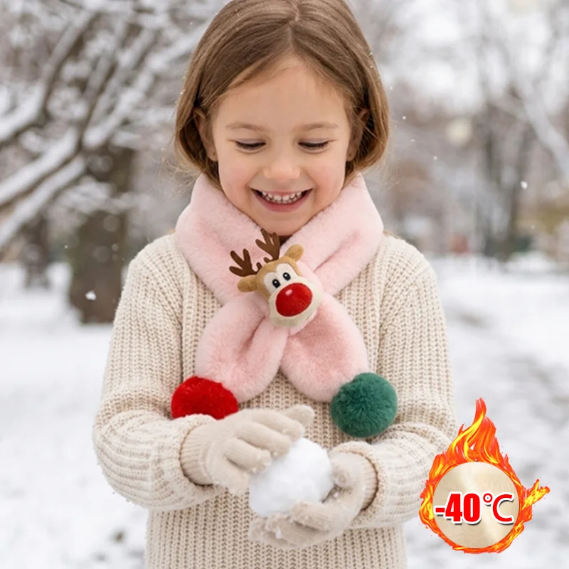 Cute Cartoon Deer Plush Scarf for Kids Winter Warm Soft Fur Ball Neck Warmer Christmas Gift Windproof Toddler Boys Girls