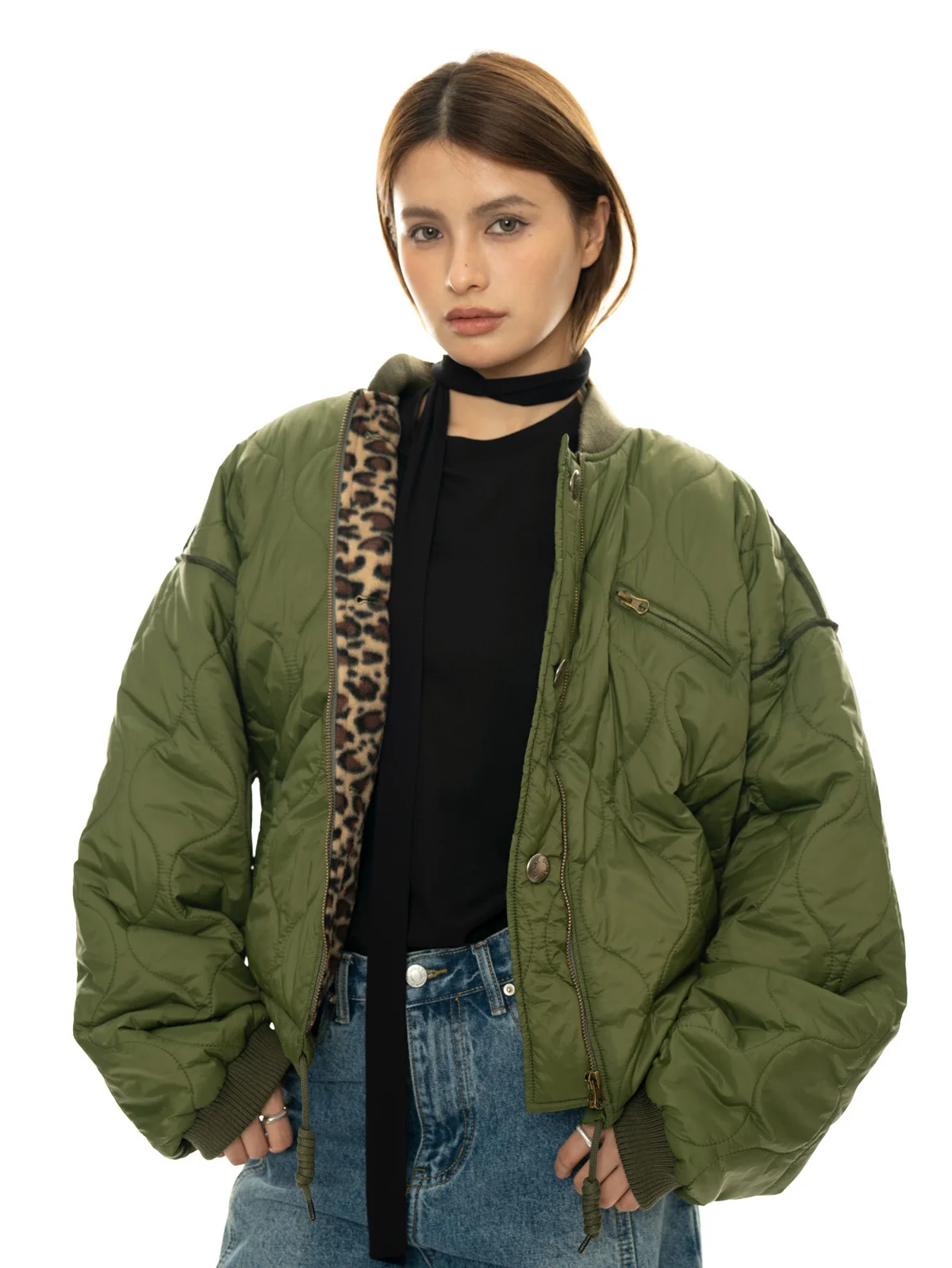 Women's Baseball Collar Quilted Zipper Cotton Jacket Leopard Print Plush Inner Liner Japanese Retro Casual Warmth Coat