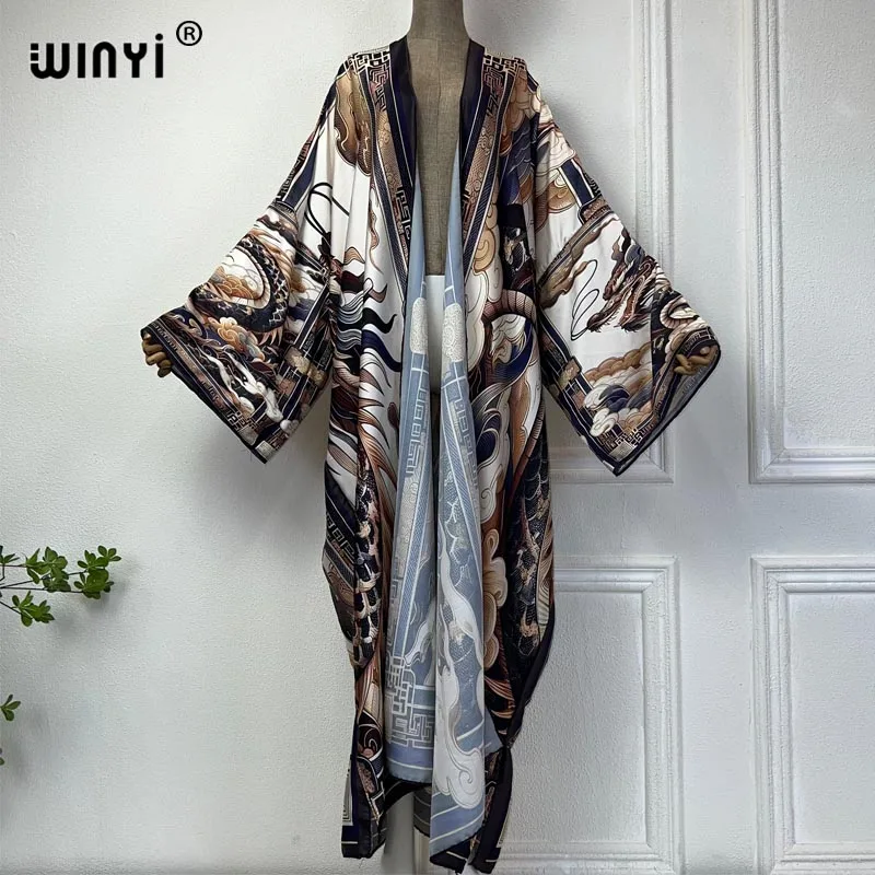 2024 Winyi Europa Kimono Vrouwen Vest Vakantie Kaftan Sexy Boho Jurk Strand Cover Up Kaftan Afrikaanse Vakantie Lange Mouw Gewaad