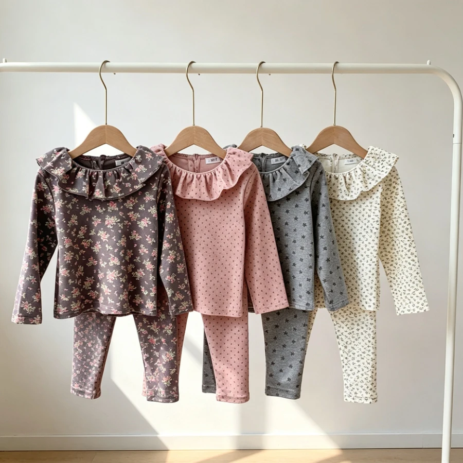 Girls Ruffle Collar Long Sleeve Set Floral Star Print Top Leggings Soft Cotton Loungewear Base Layer Autumn Winter Kids Outfits