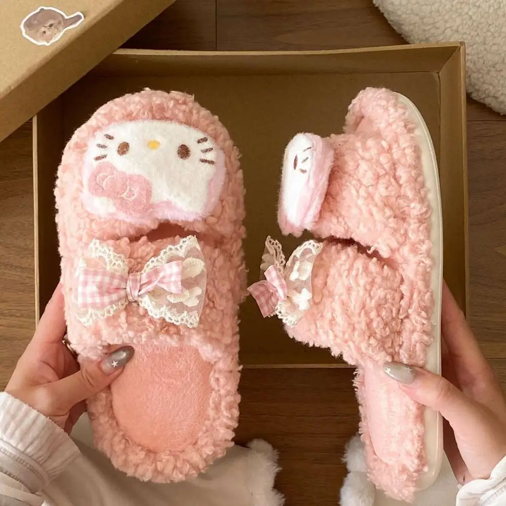 Kawaii женская обувь с героями мультфильмов, бархатные теплые удобные тапочки с милым бантом в стиле аниме, зимние пушистые тапочки, домашние тапочки