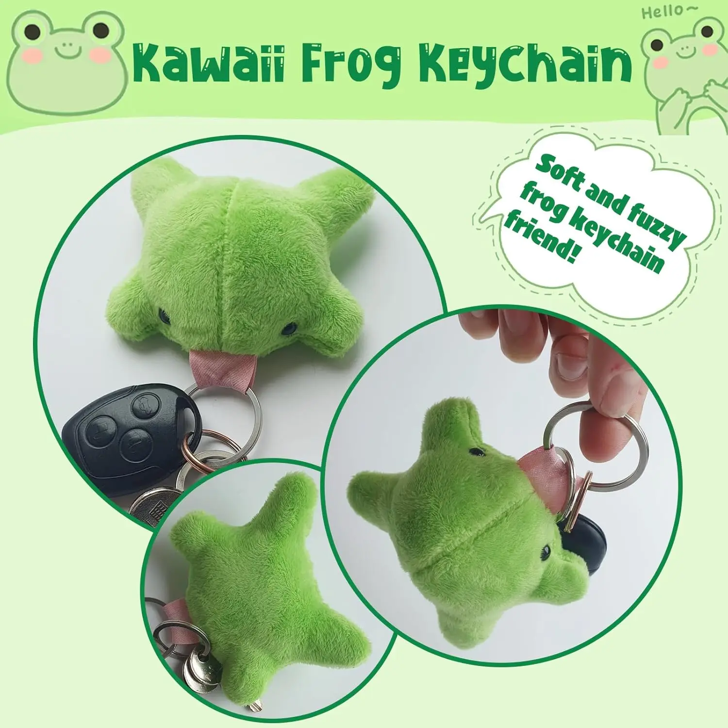 かわいいカエルのキーホルダー、かわいいぬいぐるみチャーム、面白い緑色のカエルの飾り、車の鍵や財布のギフトに。