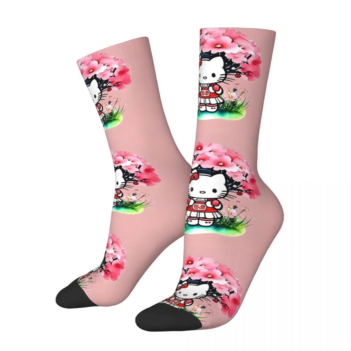 

1 Pair Funny Happy Hello Kitty And Sakura Tree Vintage Harajuku Sanrio Hip Hop Novelty Pattern Crew Crazy Sock