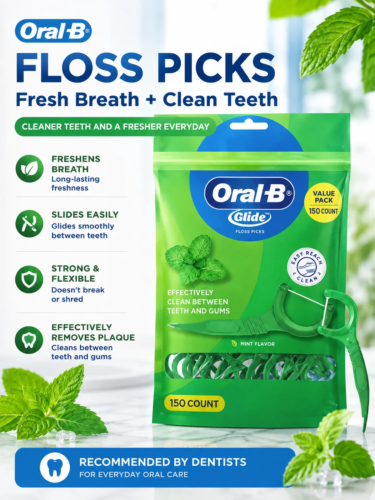 75/150 count Mint Flavor Dental Floss Picks for Daily Oral Care, Oral Care, Interdental Cleaning Products, Dental Floss
