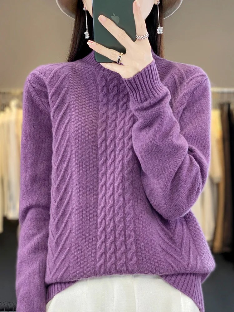 Women Sweater For Winter 100% Merino Wool Mock Neck Thick Warm Pullover Twist Flower Long Sleeve Cashmere Knit Korean Fashion