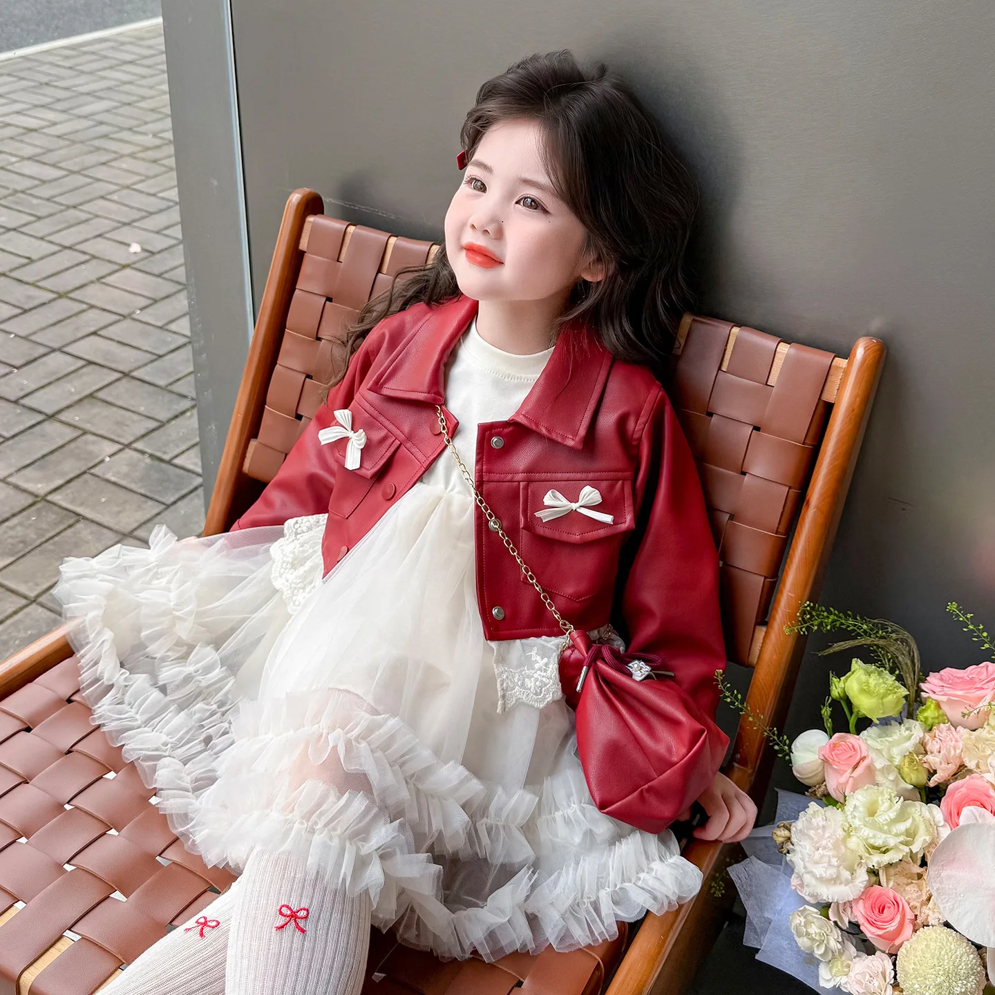 2026 Spring Autumn Girls Clothing Set Short  Lace Splice Leather Coat+Mesh Long Sleeve Dress 2Pcs For 3-10Y Girls Stylish Suit