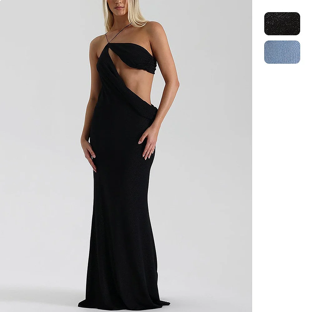 Women's Sleeveless Hollow Out French Backless Patchwork Long Dress Bodycon Maxi Dresses Summer Spring