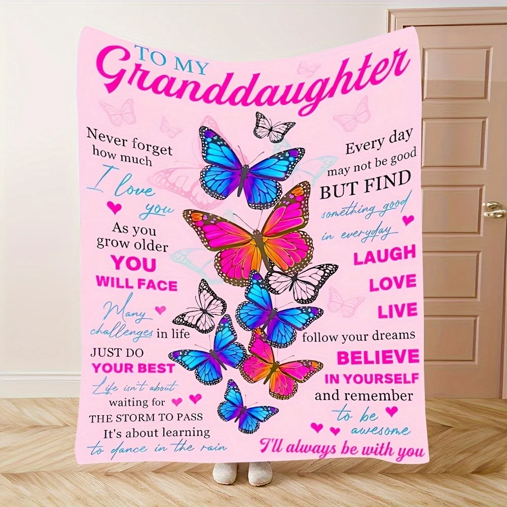 

Granddaughter Gift Blanket – Soft Pink Floral Butterfly Design with Inspirational Message, Machine Washable Flannel Throw
