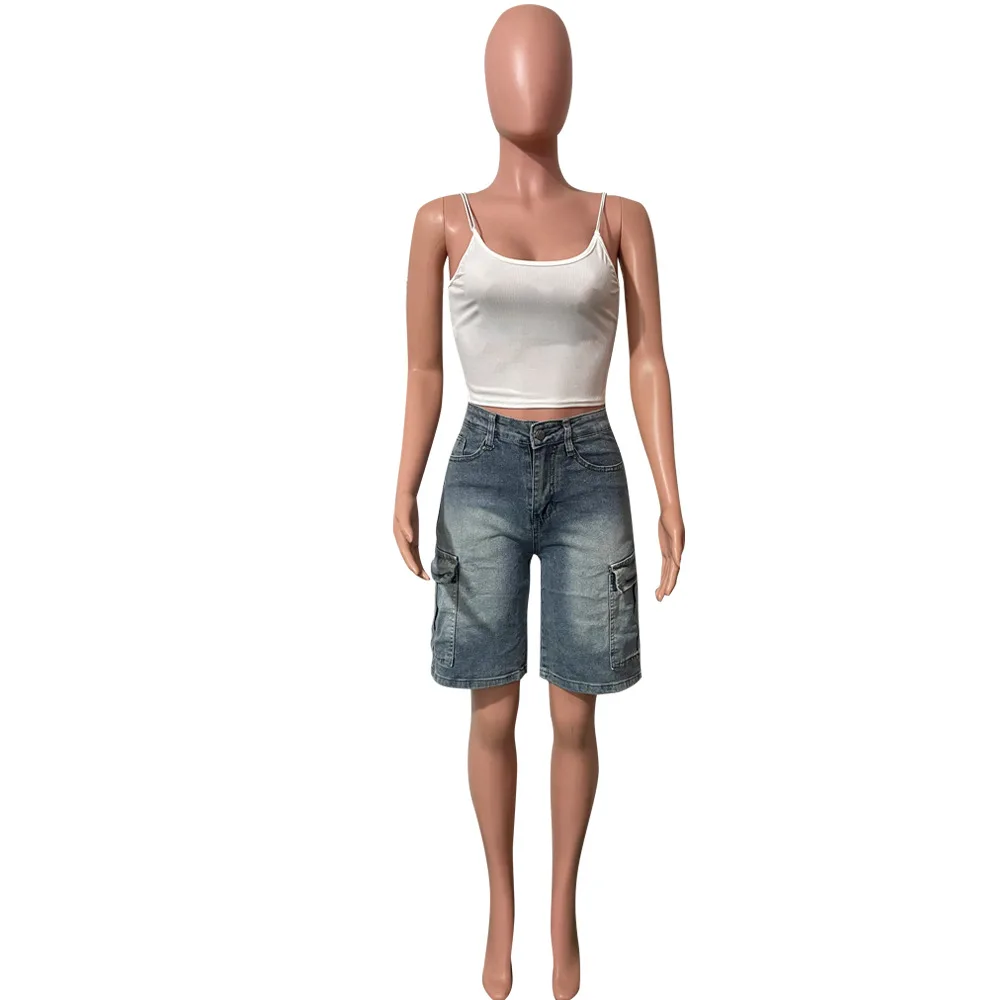 2025 Pantaloncini cargo in denim con tasche alla moda da donna estivi 2025, jeans corti al ginocchio elasticizzati a vita alta lavati, streetwear femminile casual